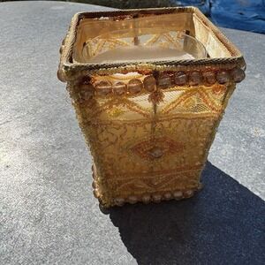 Vintage Hand Beaded Pearl Embellished Fabric Candle Holder & Candle Boho India